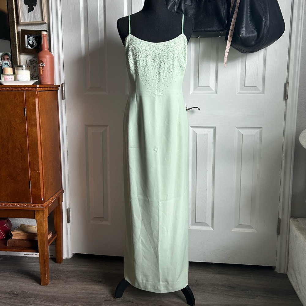 Vintage Y2K pastel green scoop neck maxi dress w/ beaded spaghetti straps